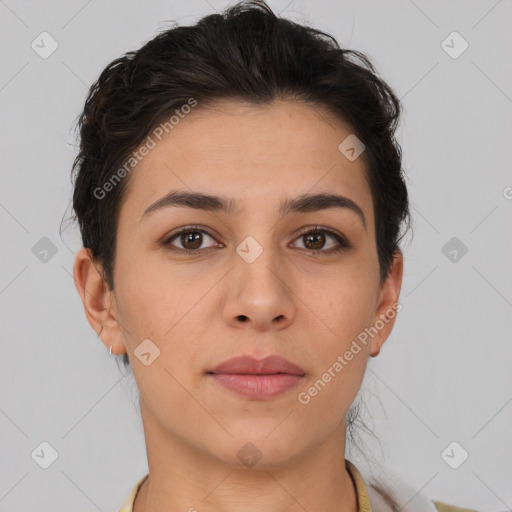 Neutral white young-adult female with short  brown hair and brown eyes