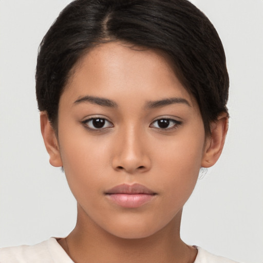 Neutral asian young-adult female with short  brown hair and brown eyes