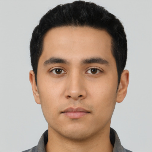 Neutral asian young-adult male with short  black hair and brown eyes