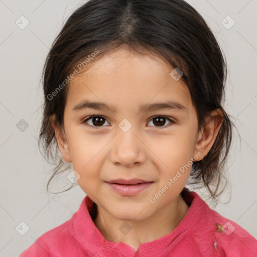 Joyful white child female with medium  brown hair and brown eyes