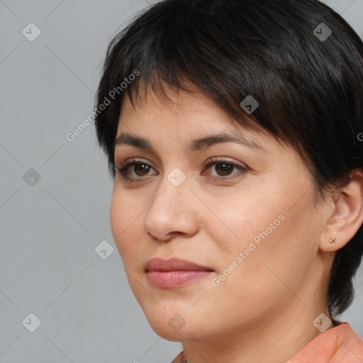 Joyful white young-adult female with medium  brown hair and brown eyes