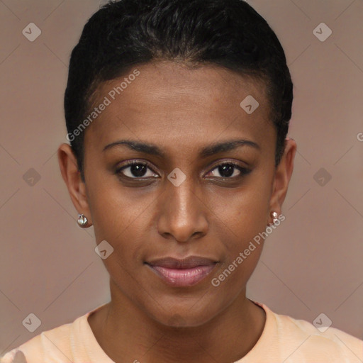 Joyful latino young-adult female with short  brown hair and brown eyes