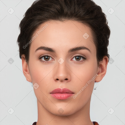 Neutral white young-adult female with short  brown hair and brown eyes