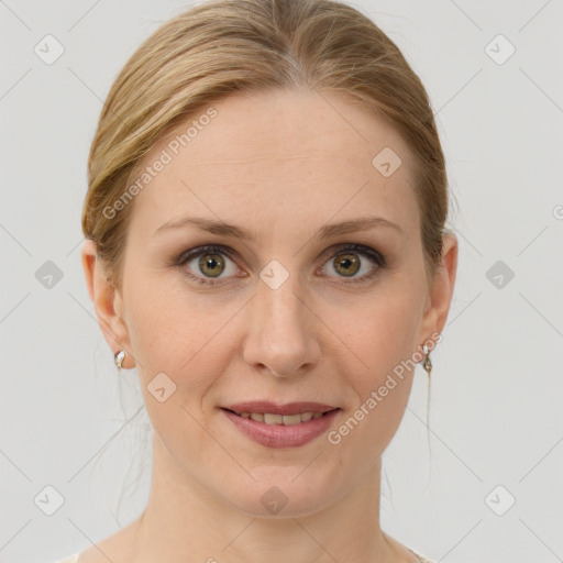 Joyful white young-adult female with medium  brown hair and grey eyes