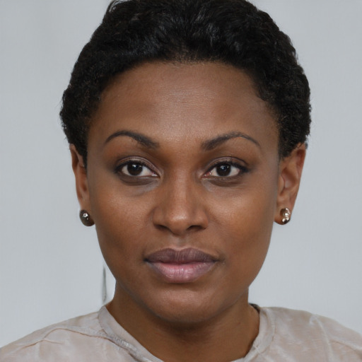 Neutral black young-adult female with short  brown hair and brown eyes