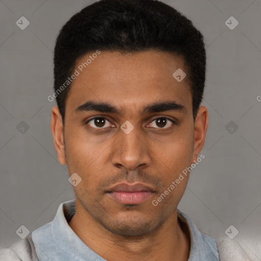 Neutral latino young-adult male with short  black hair and brown eyes