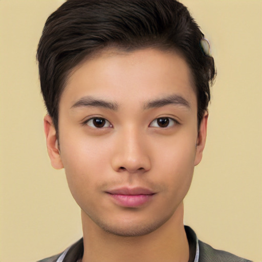 Neutral asian young-adult male with short  black hair and brown eyes