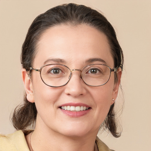 Joyful white adult female with medium  brown hair and grey eyes