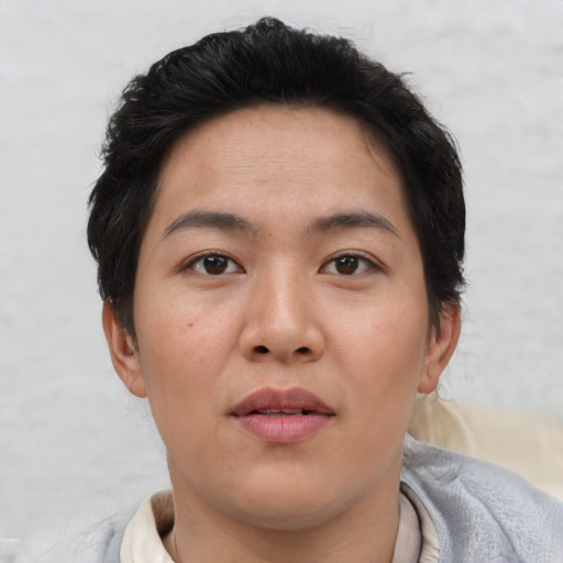 Neutral asian young-adult female with short  brown hair and brown eyes