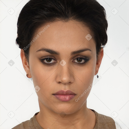 Neutral white young-adult female with short  brown hair and brown eyes