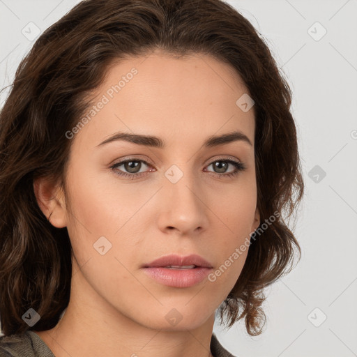 Neutral white young-adult female with medium  brown hair and brown eyes