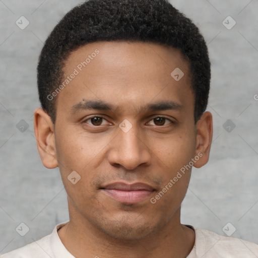 Joyful latino young-adult male with short  brown hair and brown eyes