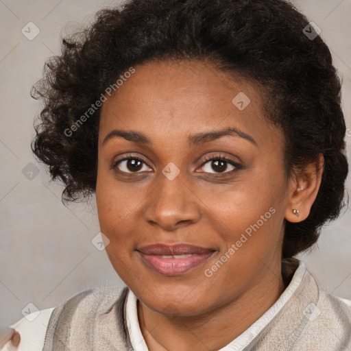 Joyful black adult female with short  brown hair and brown eyes