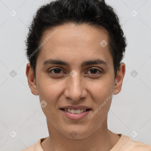 Joyful white young-adult female with short  brown hair and brown eyes