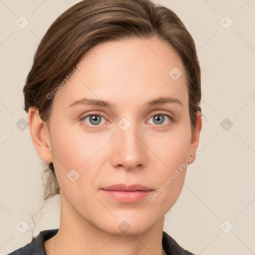 Neutral white young-adult female with medium  brown hair and grey eyes