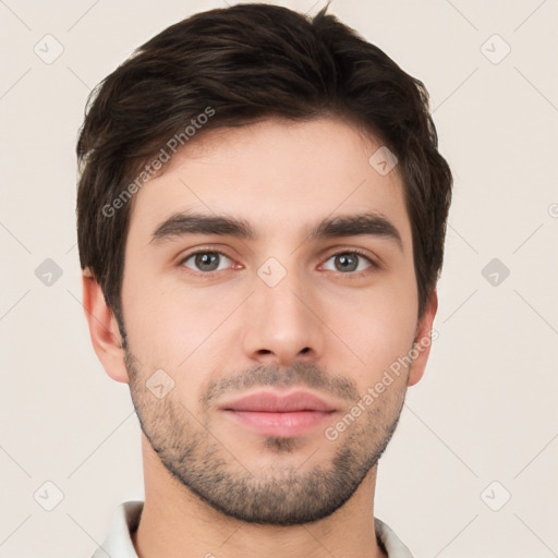 Neutral white young-adult male with short  brown hair and brown eyes