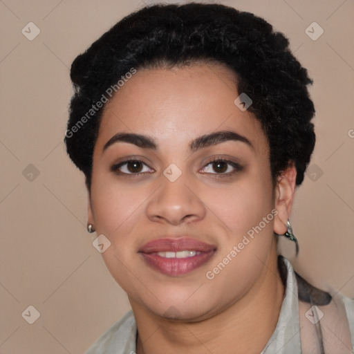 Joyful latino young-adult female with short  black hair and brown eyes