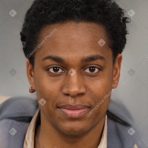 Joyful black young-adult male with short  brown hair and brown eyes