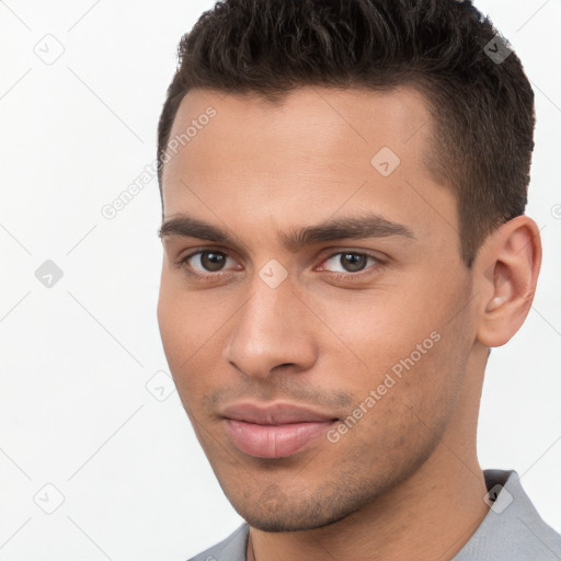 Neutral white young-adult male with short  brown hair and brown eyes