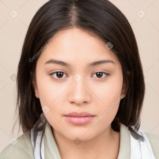 Neutral white young-adult female with medium  brown hair and brown eyes