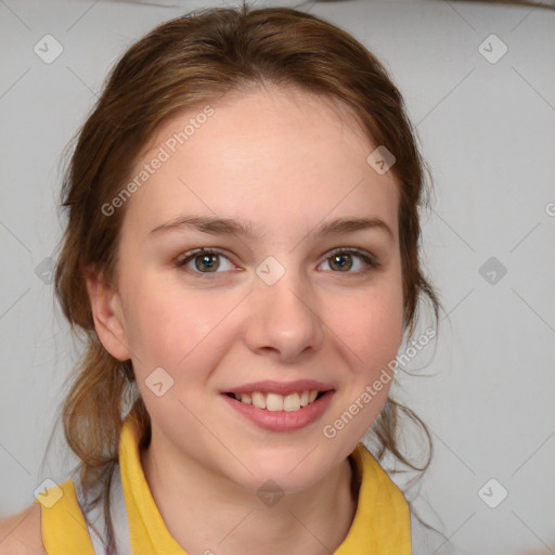 Joyful white young-adult female with medium  brown hair and blue eyes