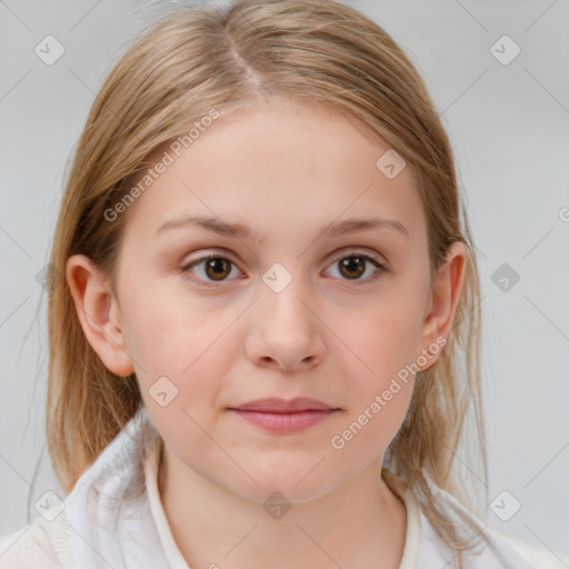 Neutral white child female with medium  brown hair and blue eyes