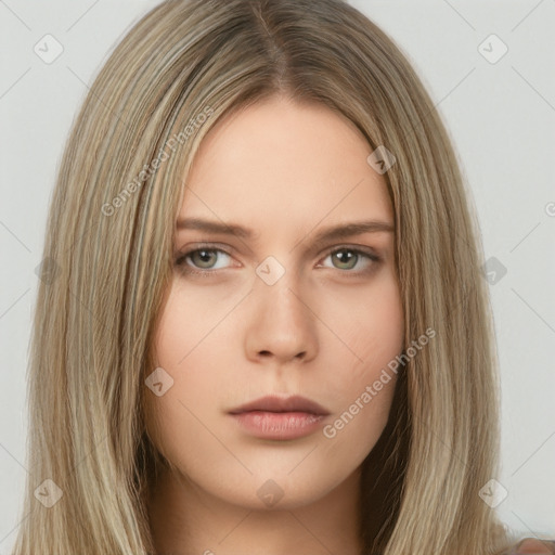 Neutral white young-adult female with long  brown hair and brown eyes