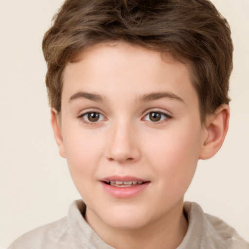 Joyful white child female with short  brown hair and brown eyes