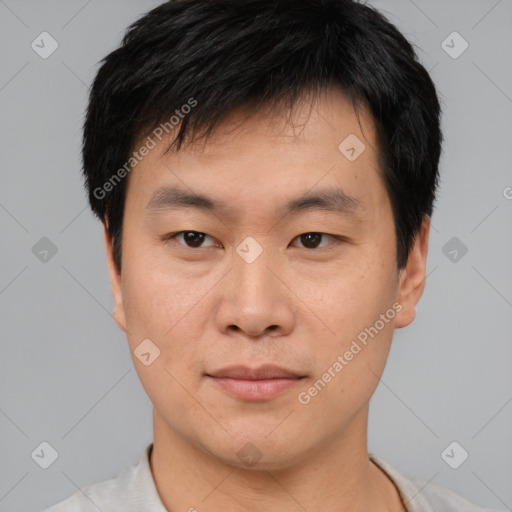 Neutral asian young-adult male with short  brown hair and brown eyes