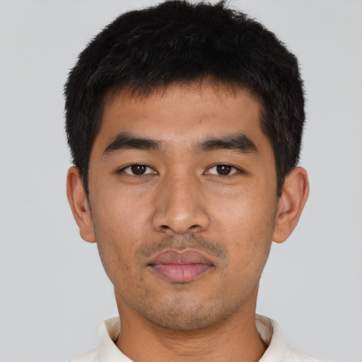 Neutral asian young-adult male with short  black hair and brown eyes
