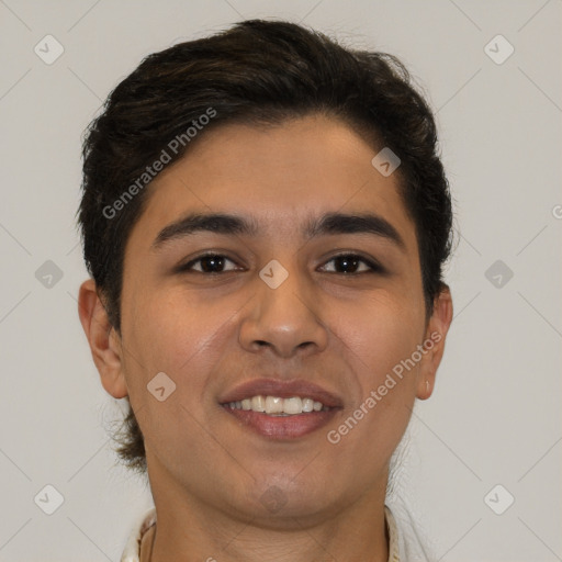 Joyful latino young-adult male with short  brown hair and brown eyes