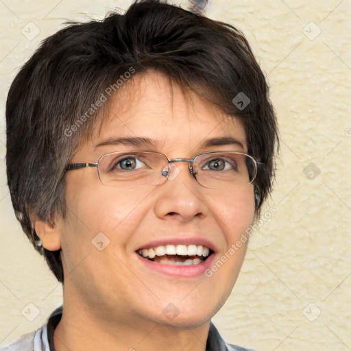 Joyful white adult female with short  brown hair and brown eyes