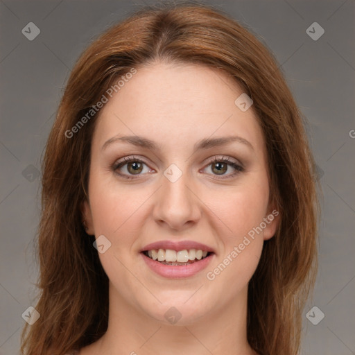 Joyful white young-adult female with long  brown hair and grey eyes