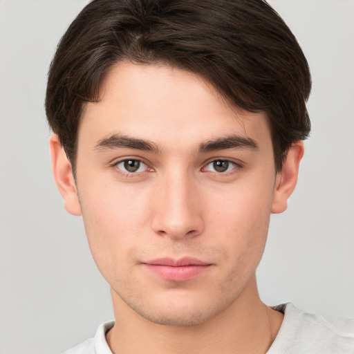 Neutral white young-adult male with short  brown hair and brown eyes