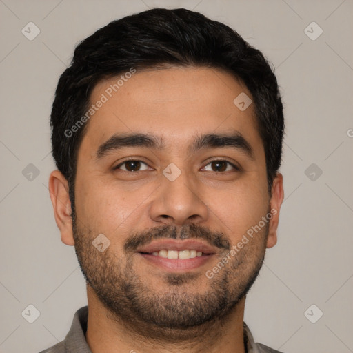 Neutral latino young-adult male with short  black hair and brown eyes