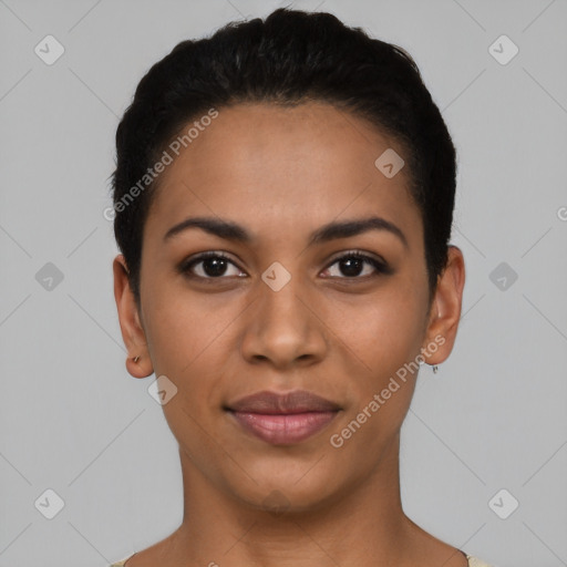 Joyful latino young-adult female with short  black hair and brown eyes