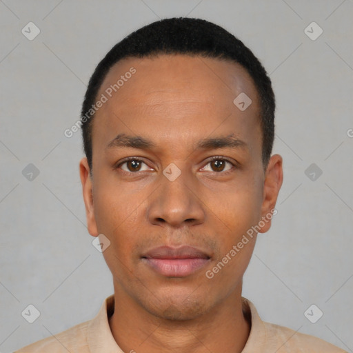 Neutral black young-adult male with short  black hair and brown eyes