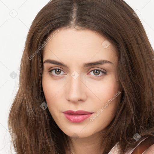 Neutral white young-adult female with long  brown hair and brown eyes