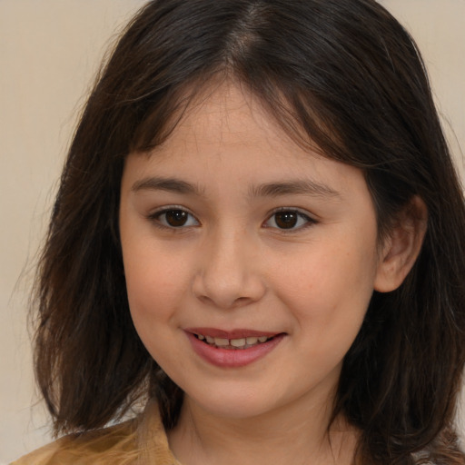 Joyful white child female with medium  brown hair and brown eyes