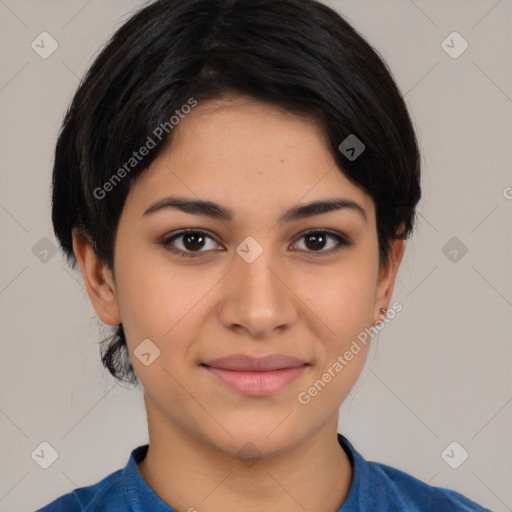 Joyful latino young-adult female with short  black hair and brown eyes