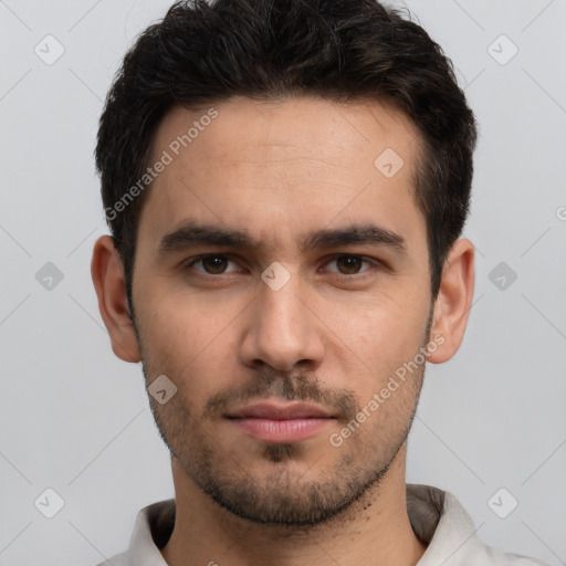 Neutral white young-adult male with short  brown hair and brown eyes