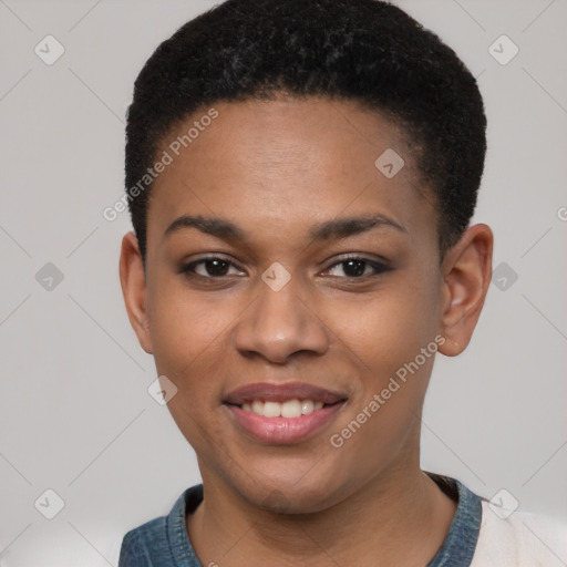 Joyful latino young-adult female with short  black hair and brown eyes