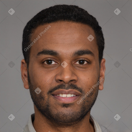 Joyful latino young-adult male with short  brown hair and brown eyes