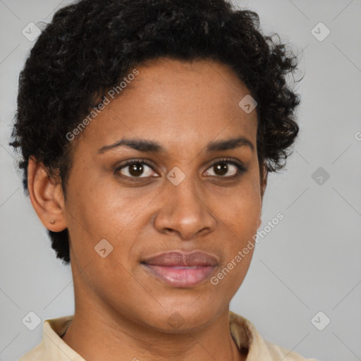 Joyful black adult female with short  brown hair and brown eyes