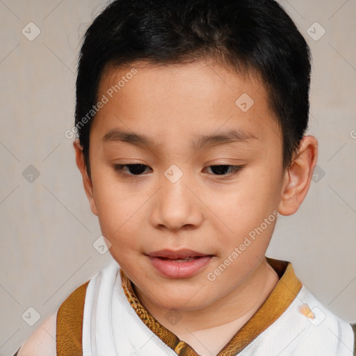 Joyful white child male with short  brown hair and brown eyes