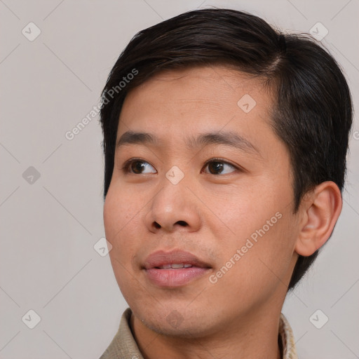 Neutral asian young-adult male with short  brown hair and brown eyes