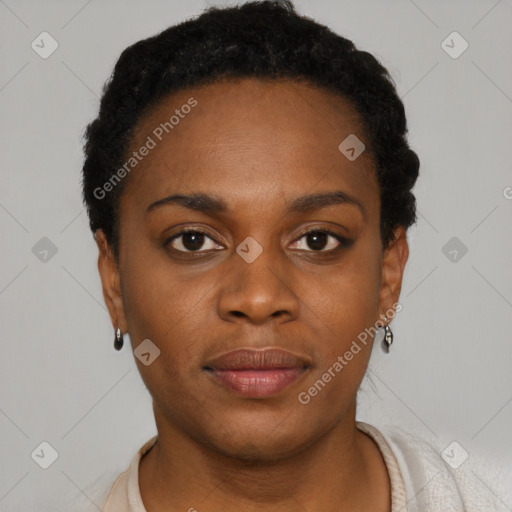 Neutral black young-adult female with short  black hair and brown eyes