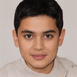 Joyful latino young-adult male with short  brown hair and brown eyes