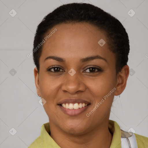 Joyful latino young-adult female with short  brown hair and brown eyes