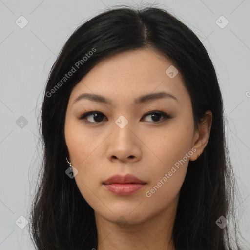 Neutral asian young-adult female with long  black hair and brown eyes